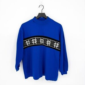 Vintage Links Ribbed Fair Isle Mock Neck Sweater Cobalt Blue Medium